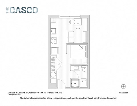 Floor plan for studio, 1 bath, 398 sqft
